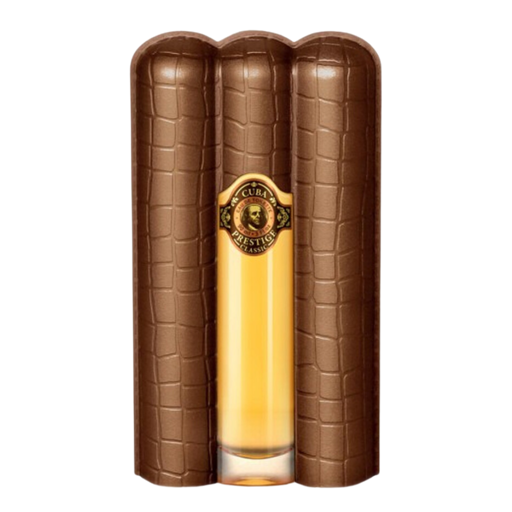 Prestige Classic EDT bottle with elegant brown leather-textured case shaped like three cigars standing upright.