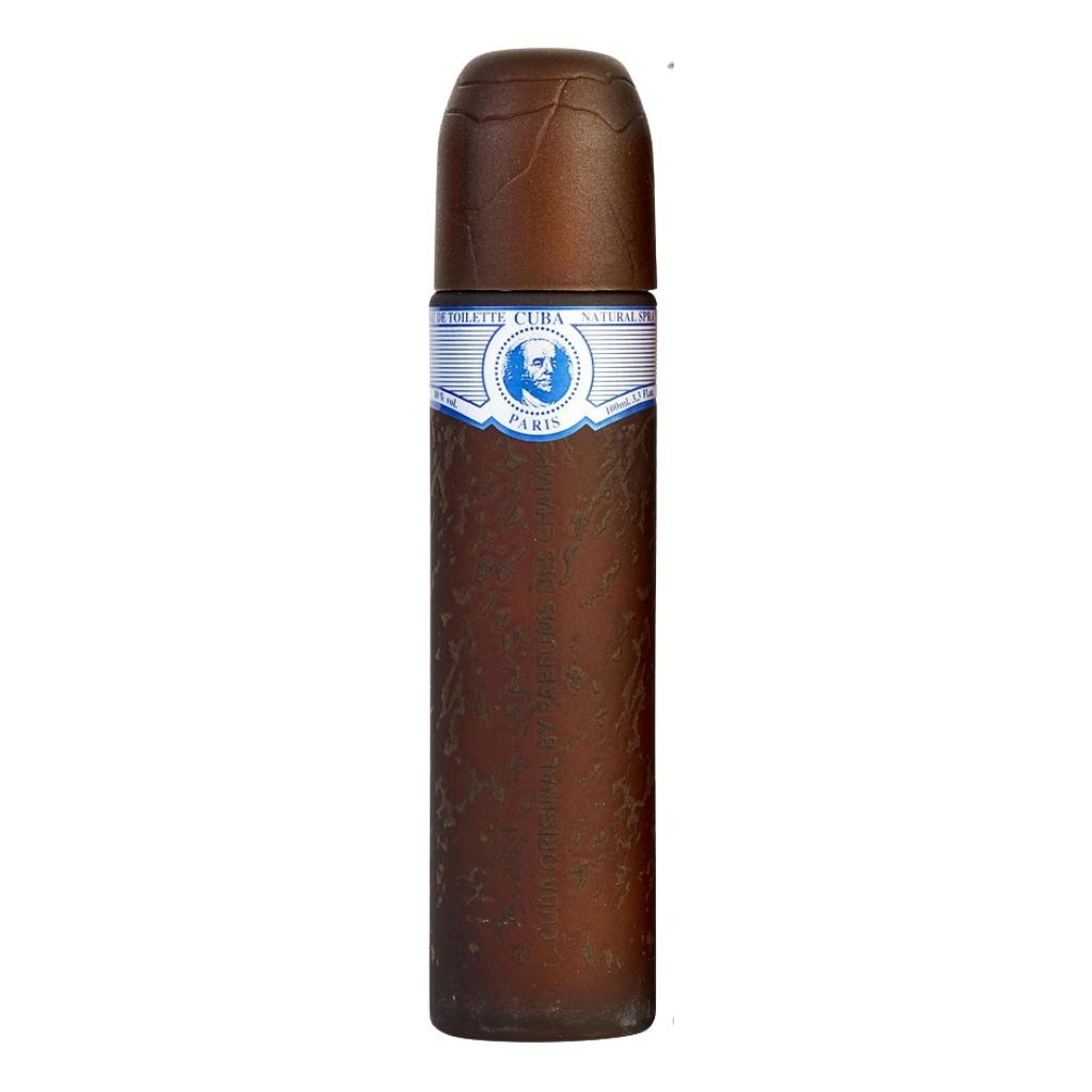 brown vintage-style perfume bottle featuring Blue EDT with a detailed blue and white label on top