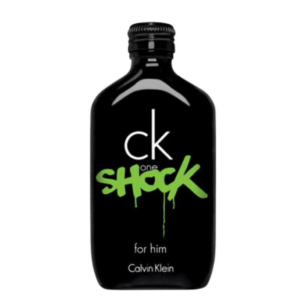 Black Calvin Klein ck one SHOCK perfume bottle for men with green graffiti and One Shock EDT text visible