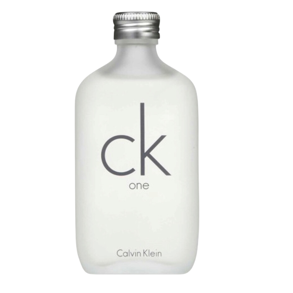 Clear frosted glass bottle of One EDT by Calvin Klein with silver cap and minimalist black text design