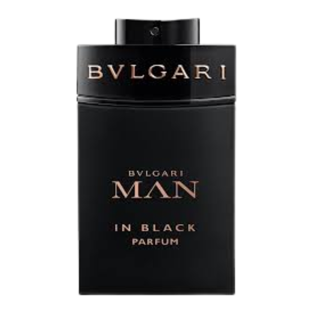 Black rectangular perfume bottle with gold lettering displaying Man In Black Parfum by Bvlgari luxury fragrance.