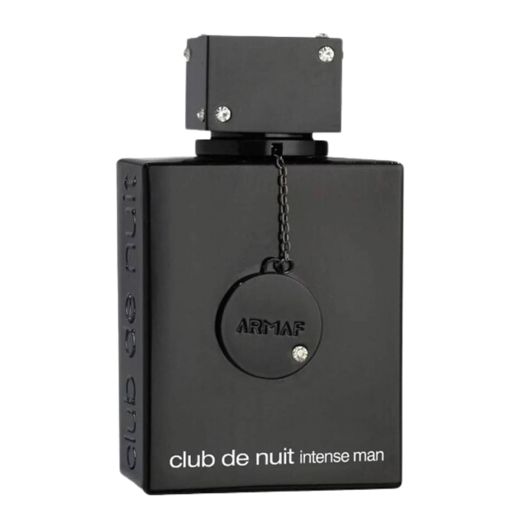 Club De Nuit Intense EDT black matte bottle with chain pendant and decorative crystals, luxury fragrance decant packaging