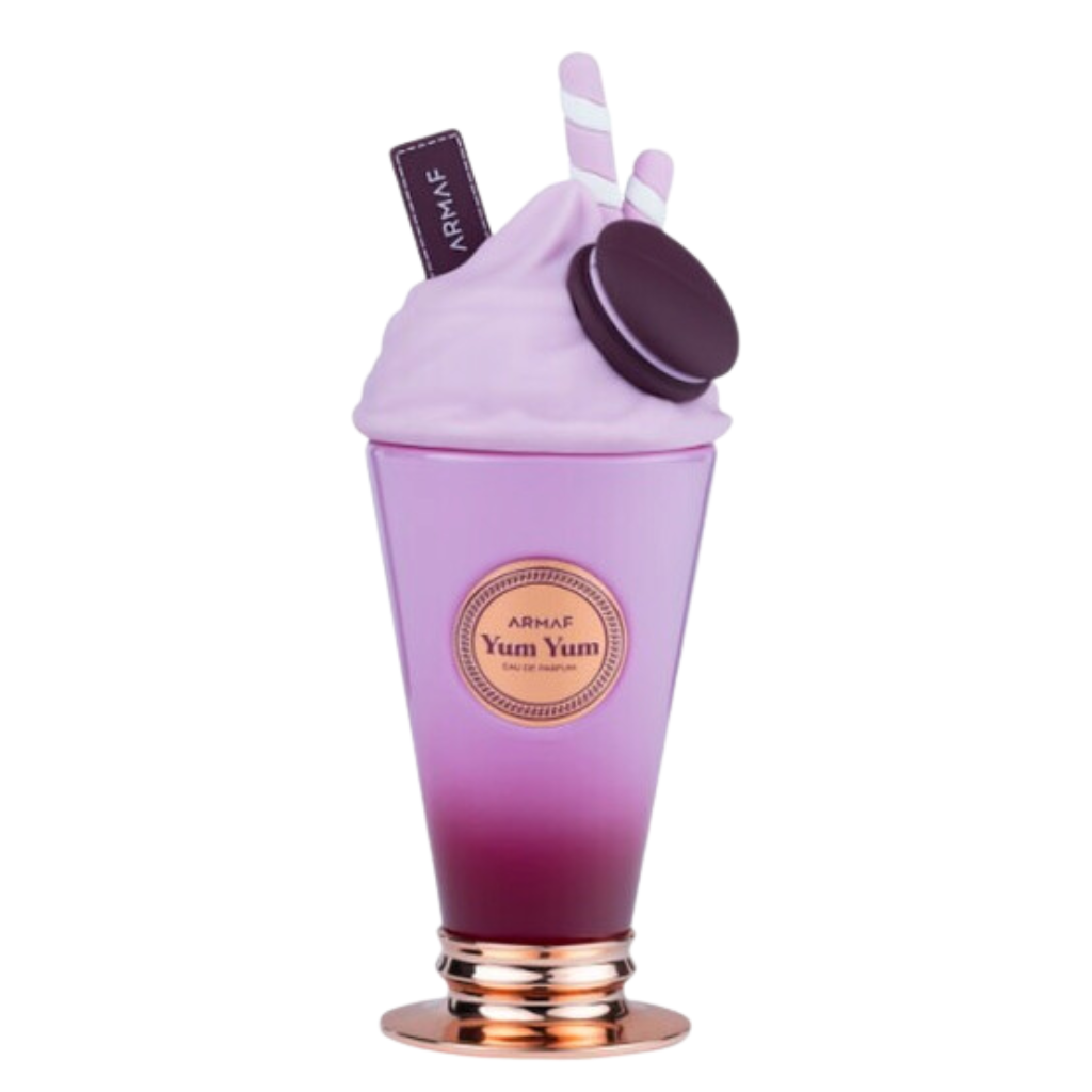 Yum Yum EDP perfume bottle shaped like a whipped cream dessert with chocolate and wafer decorations in purple tones