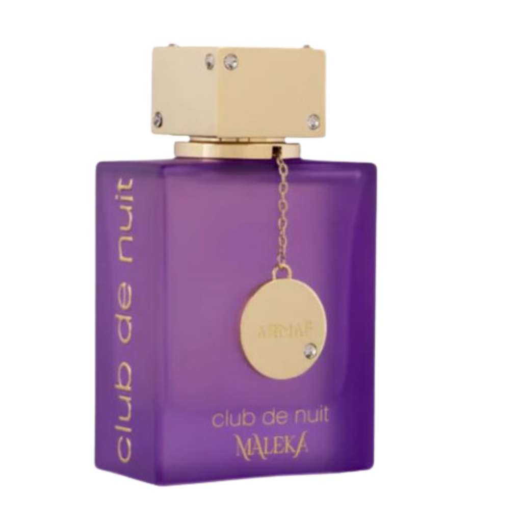 Purple frosted glass perfume bottle with gold cap and charm featuring Club De Nuit Maleka EDP name in gold lettering