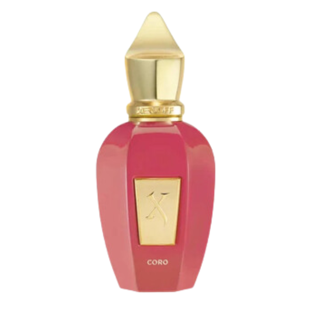Elegant red and gold bottle of Coro EDP featuring a distinctive gold cap and label for niche fragrance lovers