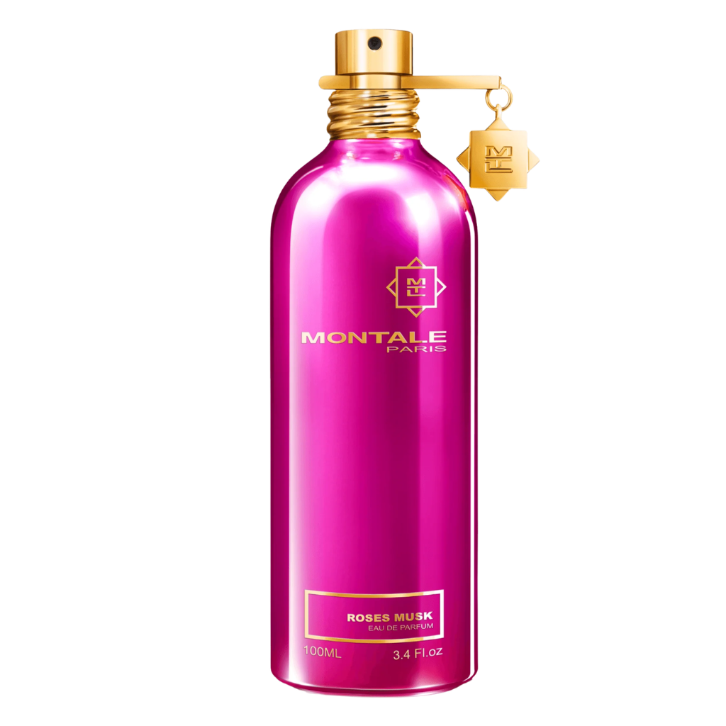 Shiny pink and gold Montale Roses Musk EDP perfume bottle with elegant spray nozzle and branded charm attached