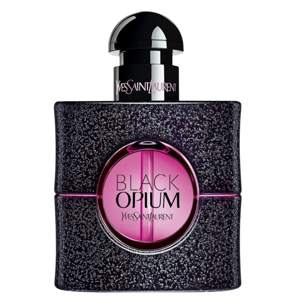 Black Opium Neon EDP perfume bottle with glittery black textured design and pink center glowing label