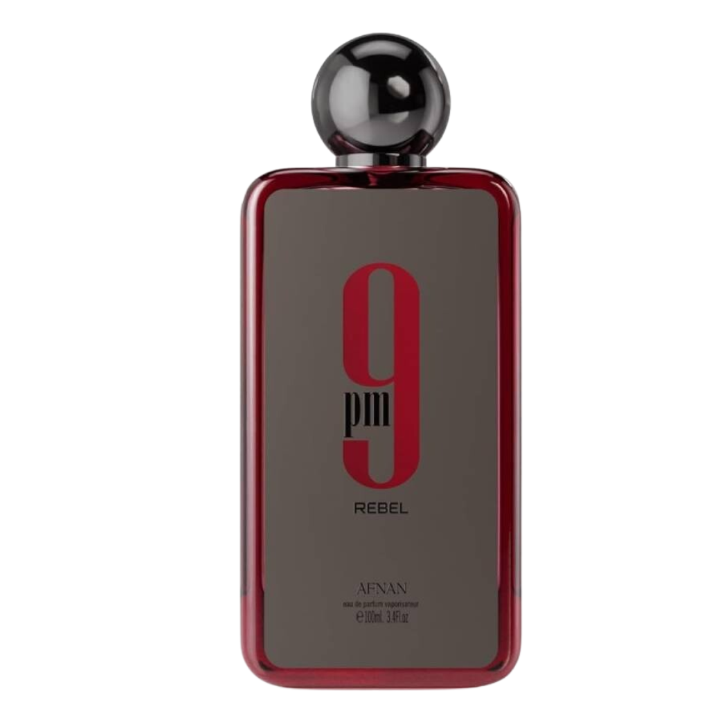 Sleek dark red and black bottle of 9PM Rebel EDP perfume with rounded black cap and bold red lettering