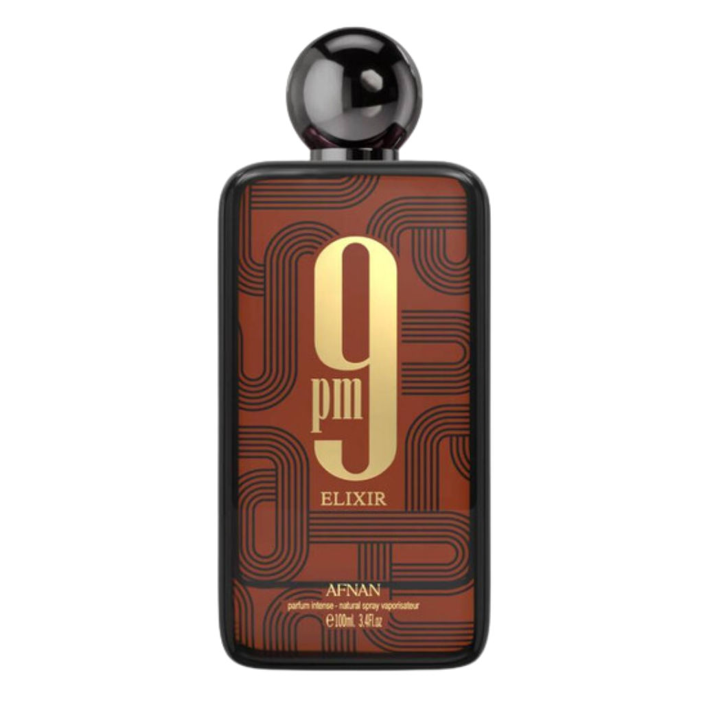 Bottle of 9PM Elixir Extrait de Parfum with dark brown and gold geometric design and black rounded cap