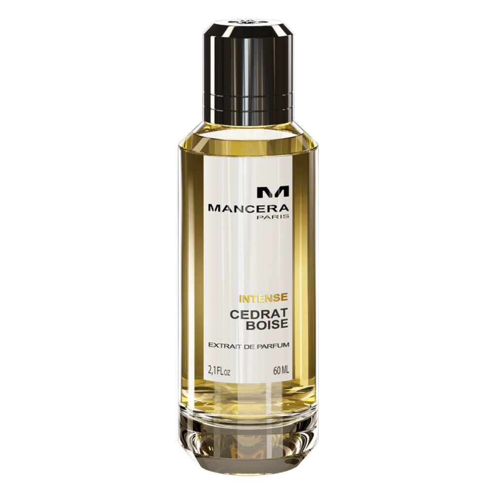 Bottle of Intense Cedrat Boise EDP fragrance with golden liquid and black cap isolated on white background