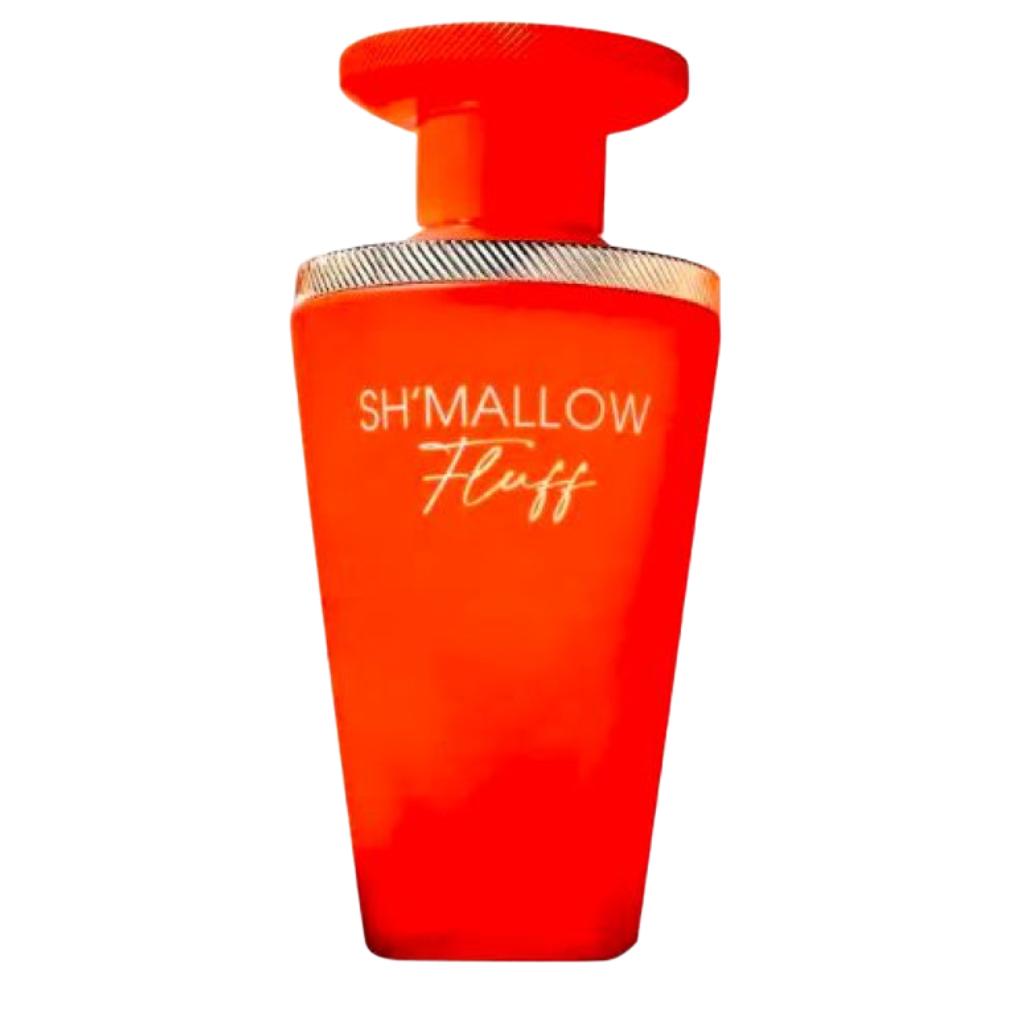 Bright orange frosted glass bottle of Sh'mallow Fluff EDP with a wide round cap and silver collar detailing