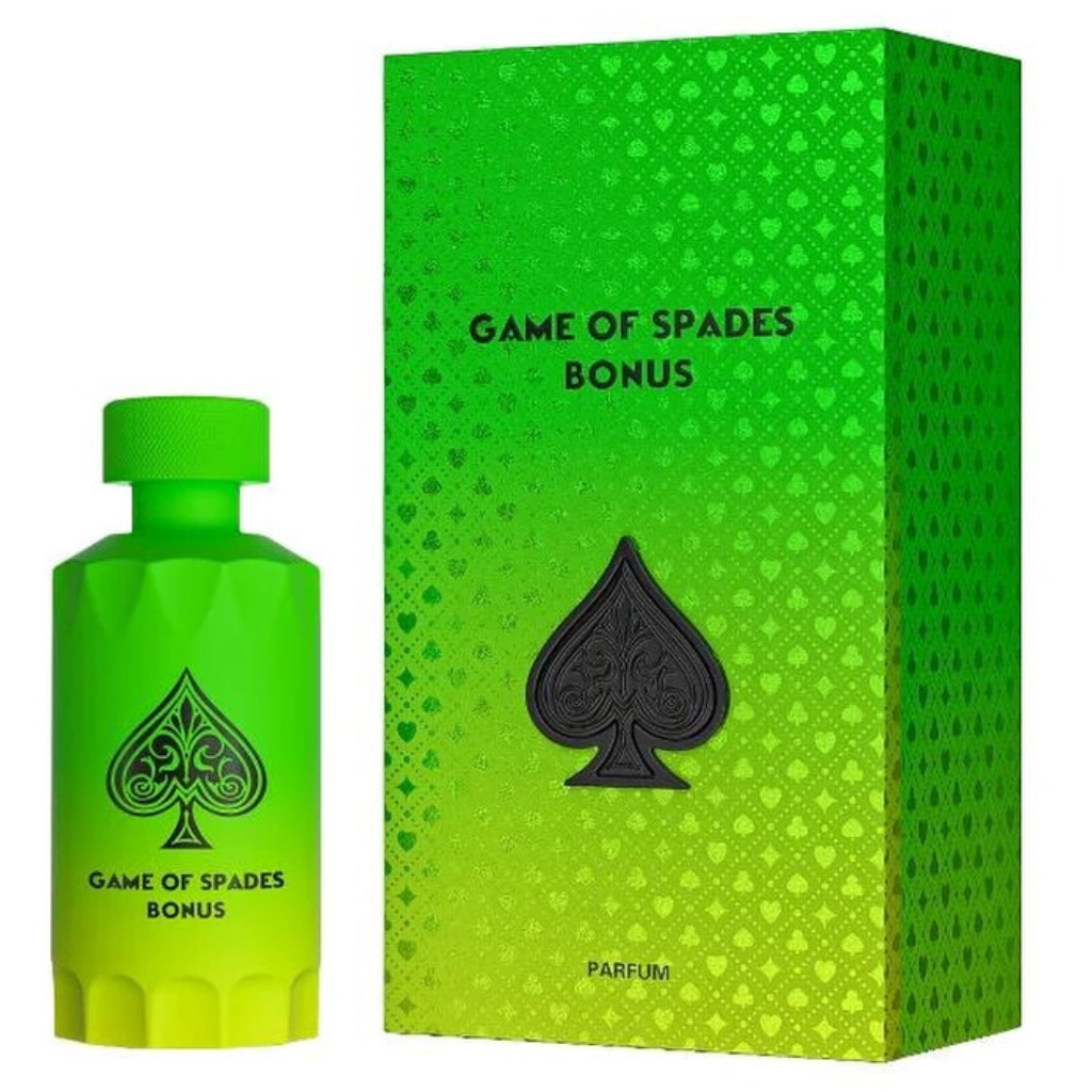 Game Of Spades Bonus Parfum green bottle and matching box featuring elegant spade design and bold lettering.