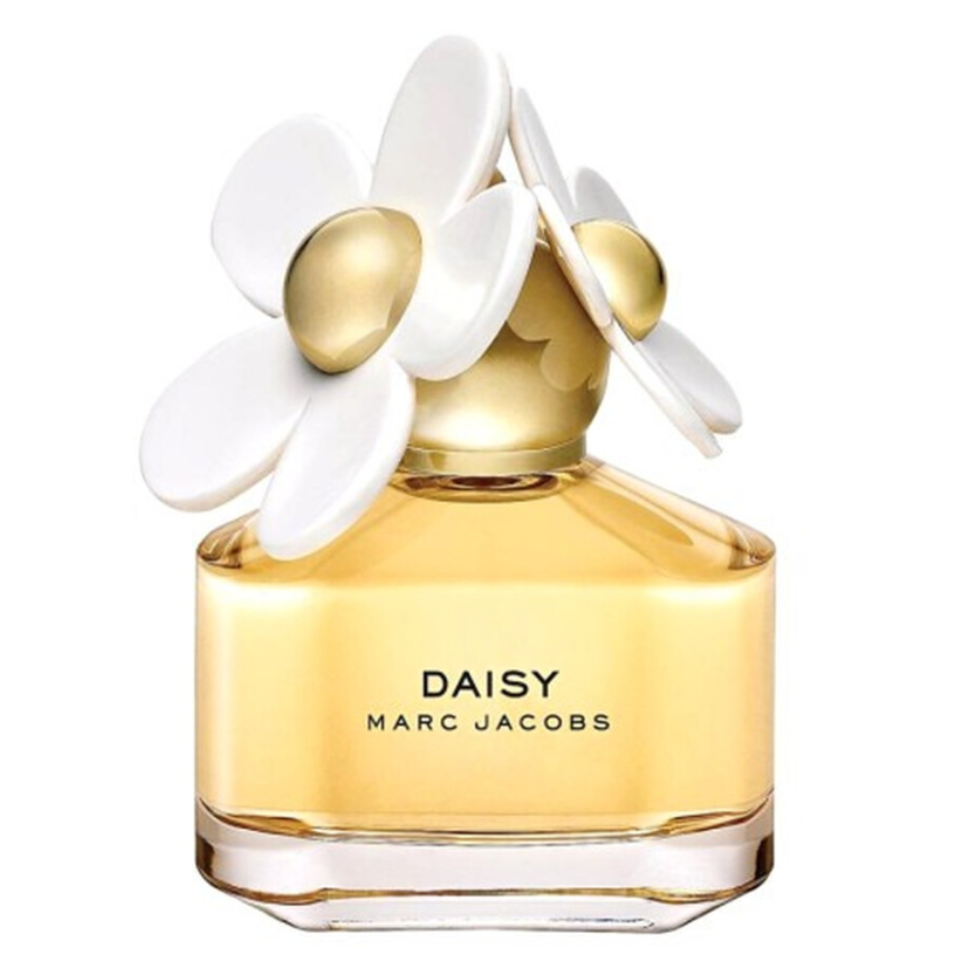Daisy EDT perfume bottle with white and gold flower cap, showcasing elegant designer fragrance packaging.