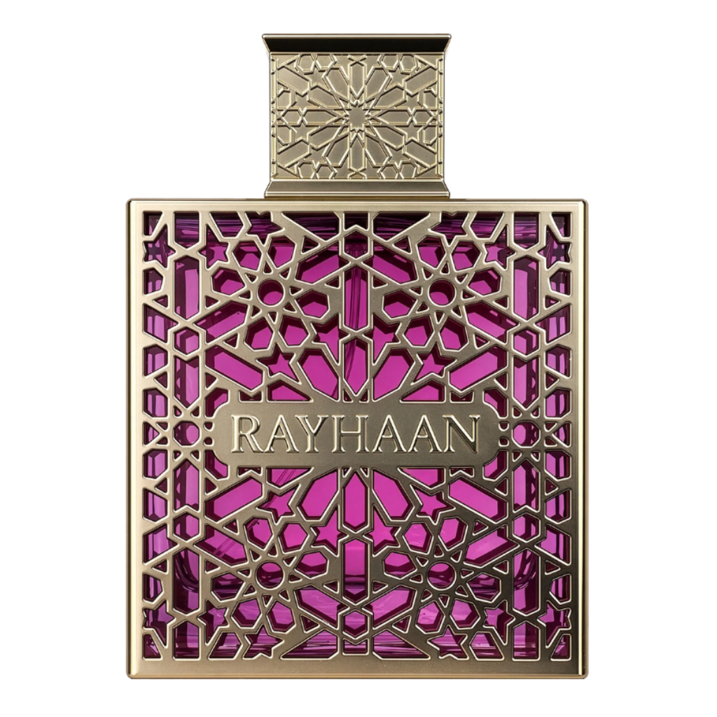 Elegant gold filigree perfume bottle with purple liquid inside labeled Rayhaan for Kiss EDP fragrance decants