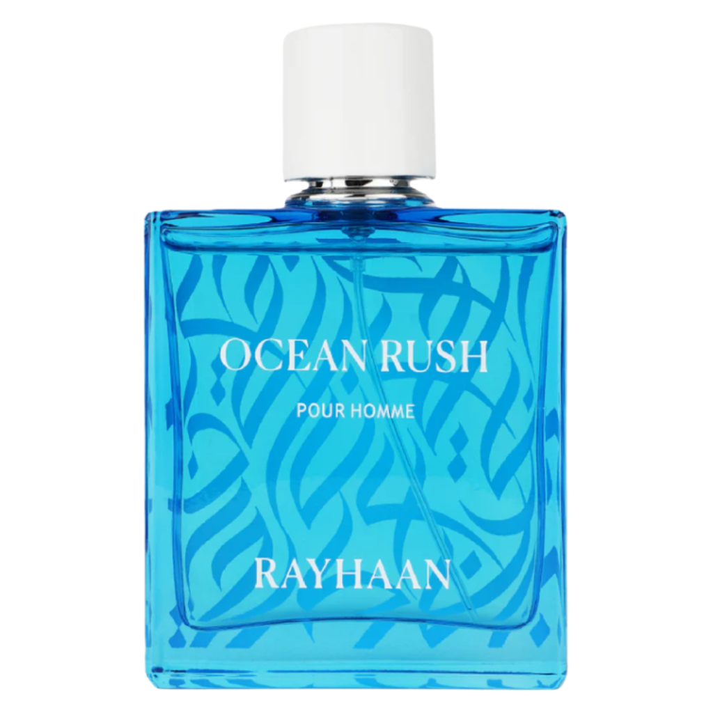 Blue glass bottle of Ocean Rush EDP fragrance with white cap and elegant wave pattern design.