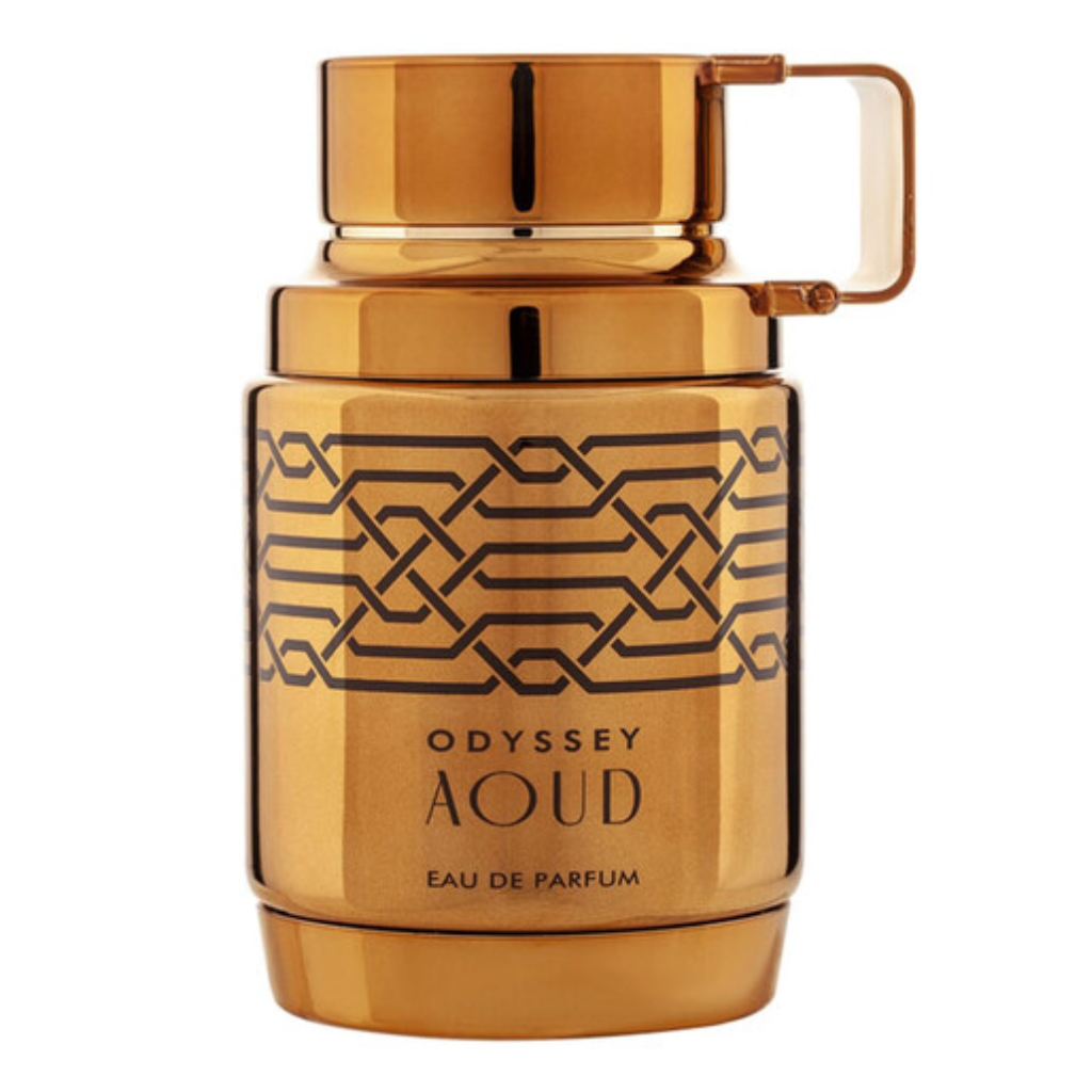 Odyssey Aoud EDP golden bottle with geometric pattern and sleek modern design for niche fragrance collection