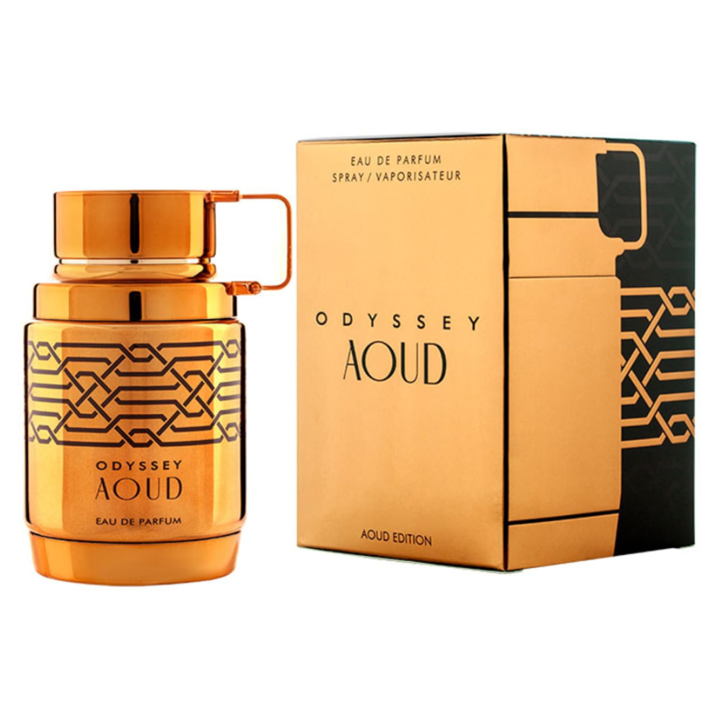 Odyssey Aoud EDP bottle and matching gold and black box packaging with intricate geometric design details