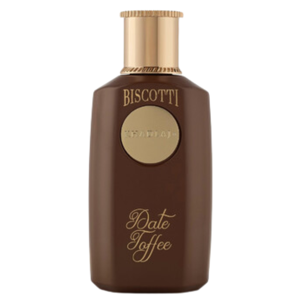 Biscotti Date Toffee Extrait de Parfum bottle in rich brown with gold accents and elegant script design