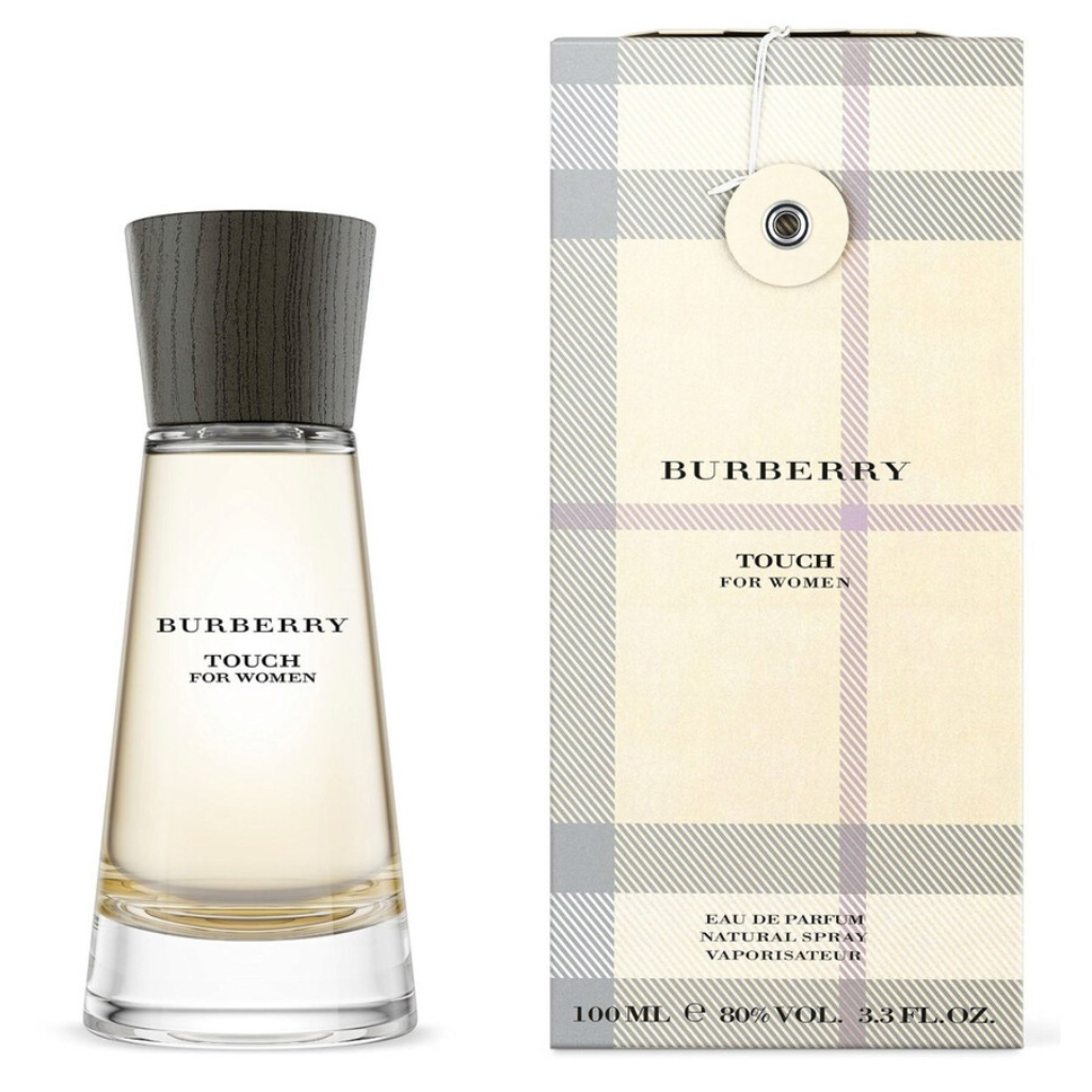 Touch For Women EDP perfume bottle with wooden cap beside beige and plaid patterned box packaging