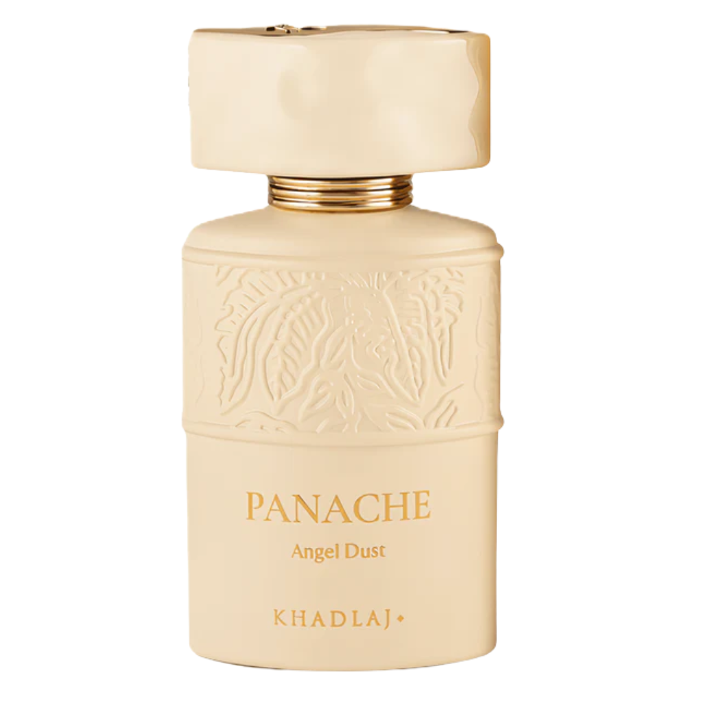 Elegant cream-colored bottle of Panache Angel Dust Extrait de Parfum with gold embossed detailing and cap design
