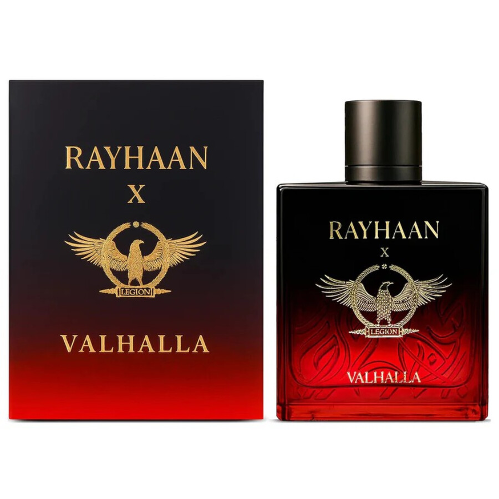 Valhalla EDP perfume bottle and box with black and red gradient and gold eagle emblem luxury fragrance design
