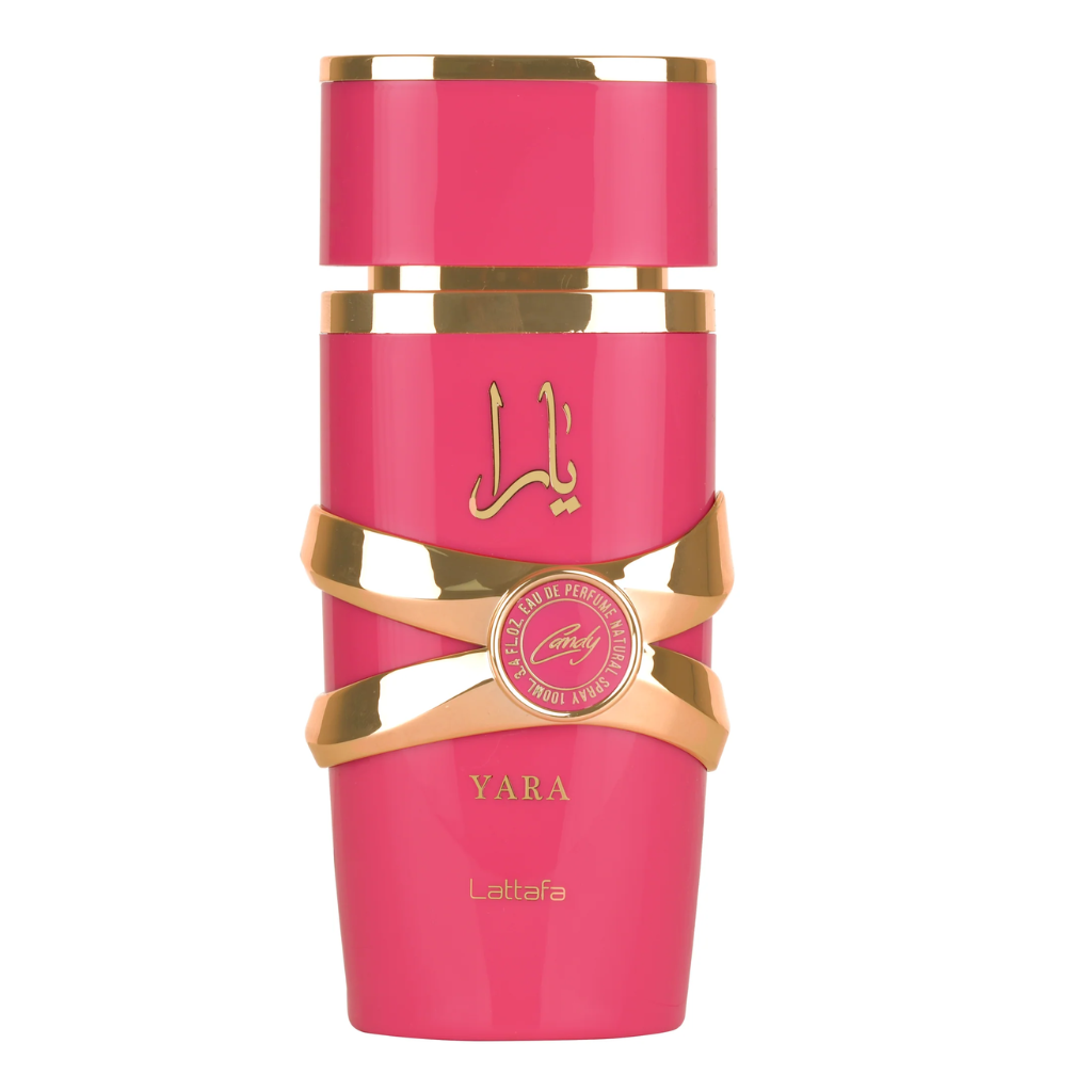 Bright pink and gold accented bottle of Yara Candy EDP luxury fragrance with elegant modern design and Arabic script details