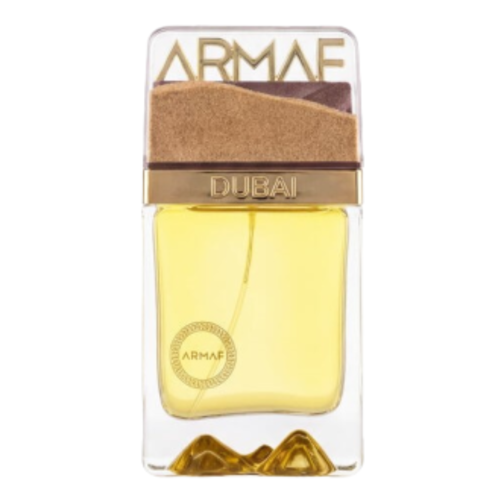 Dunescape Extrait de Parfum bottle with golden liquid, clear glass, and decorative gold and brown cap design