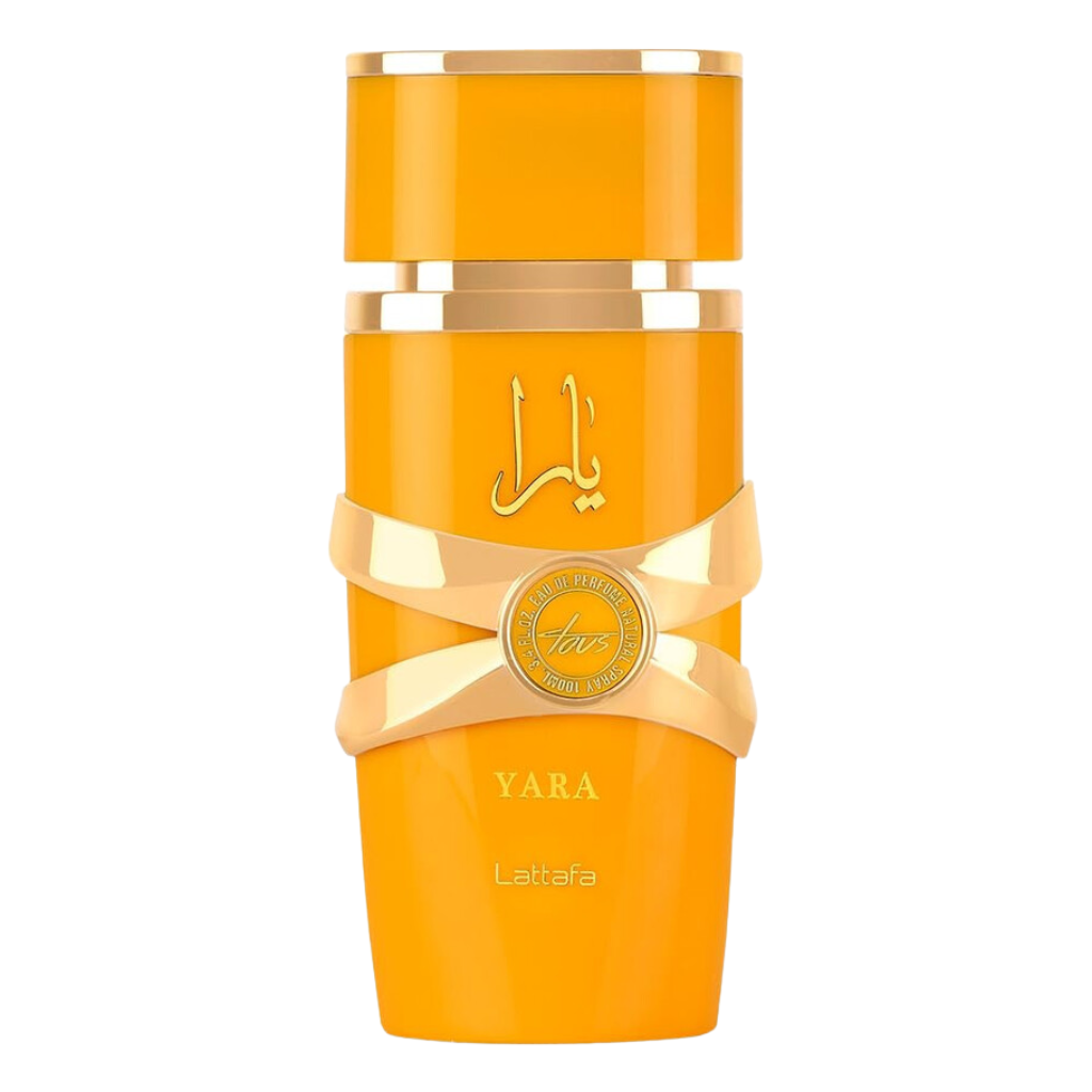 Luxury yellow bottle of Yara Tous EDP with gold accents and elegant design for niche fragrances collection