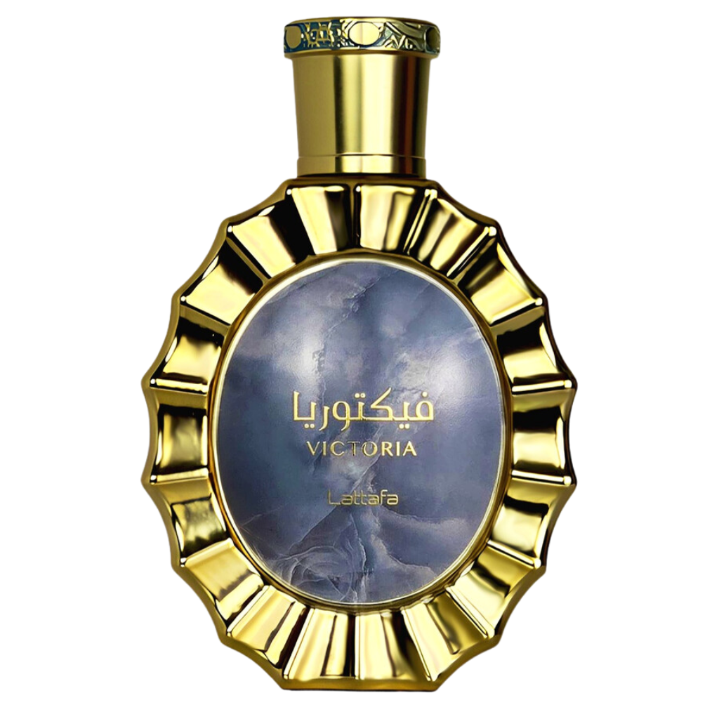 Elegant gold and blue bottle of Victoria EDP by Lattafa, a luxurious fragrance decant for sophisticated scent lovers