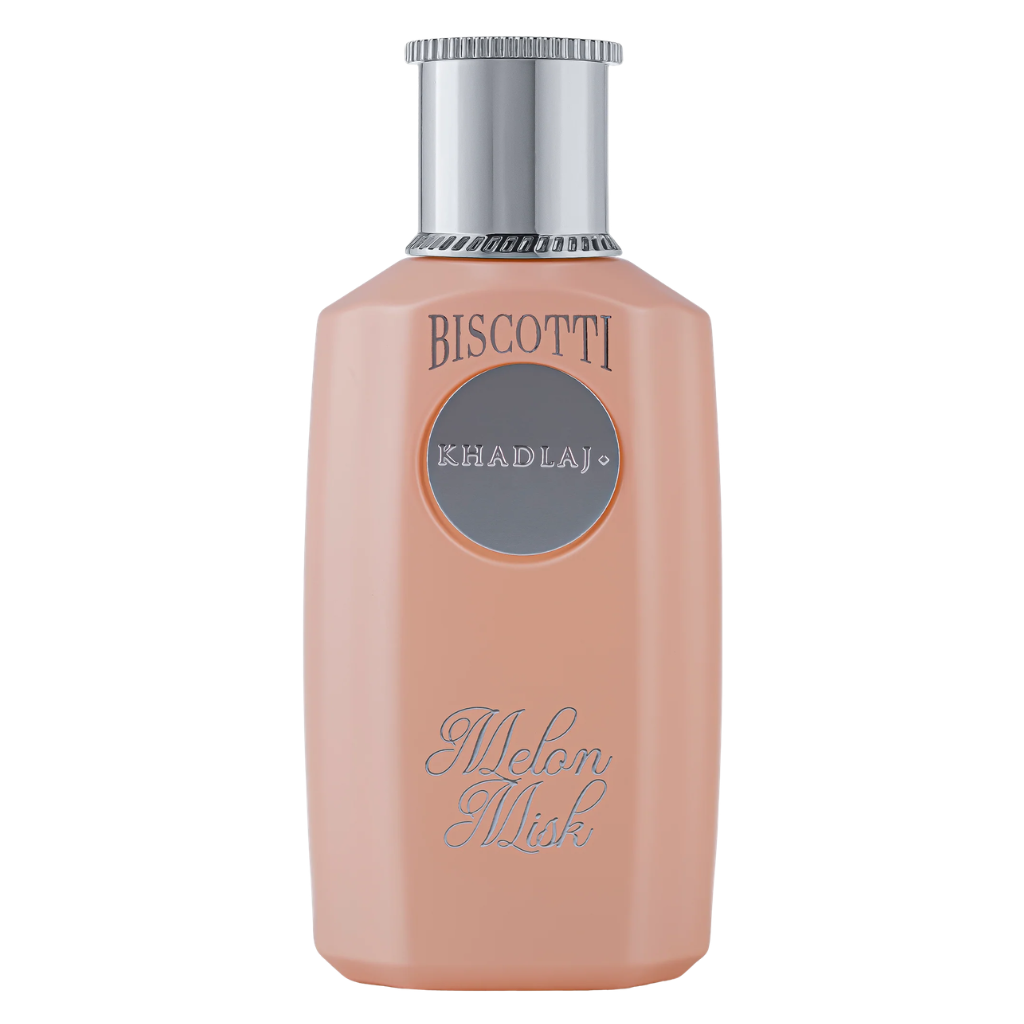 Biscotti Melon Misk Extrait de Parfum in a sleek peach bottle with silver cap and elegant lettering.