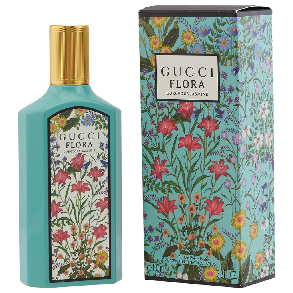 Flora Gorgeous Jasmine EDP bottle in teal with floral design and matching decorative box packaging