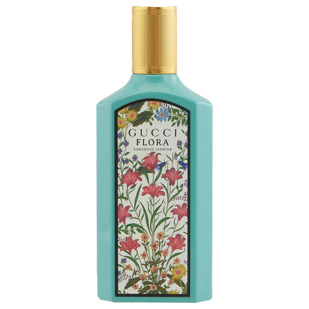 Flora Gorgeous Jasmine EDP bottle with a floral label design and gold cap, showcasing elegant designer fragrance decants