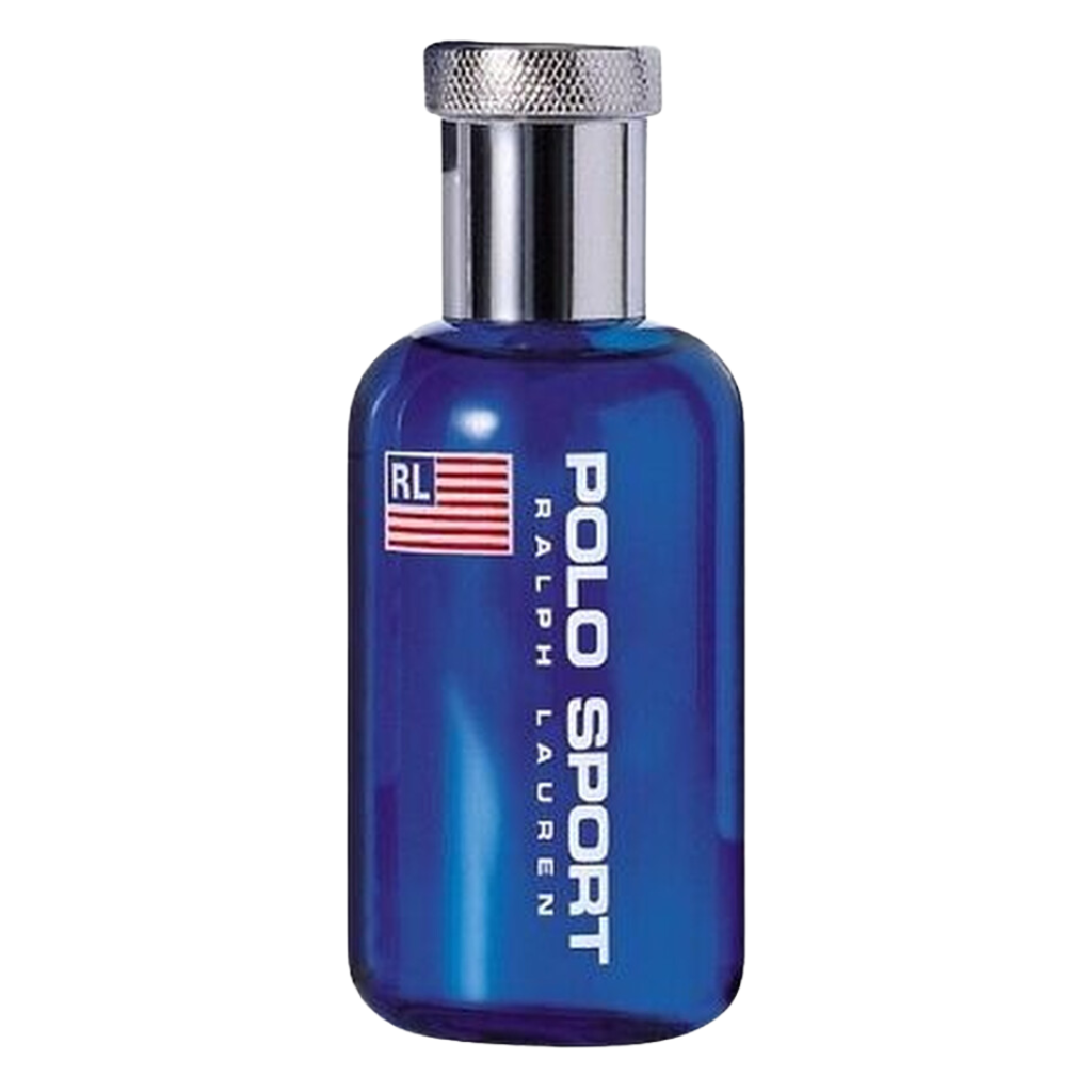 Blue glass bottle of Polo Sport EDT by Ralph Lauren with silver cap and logo on front