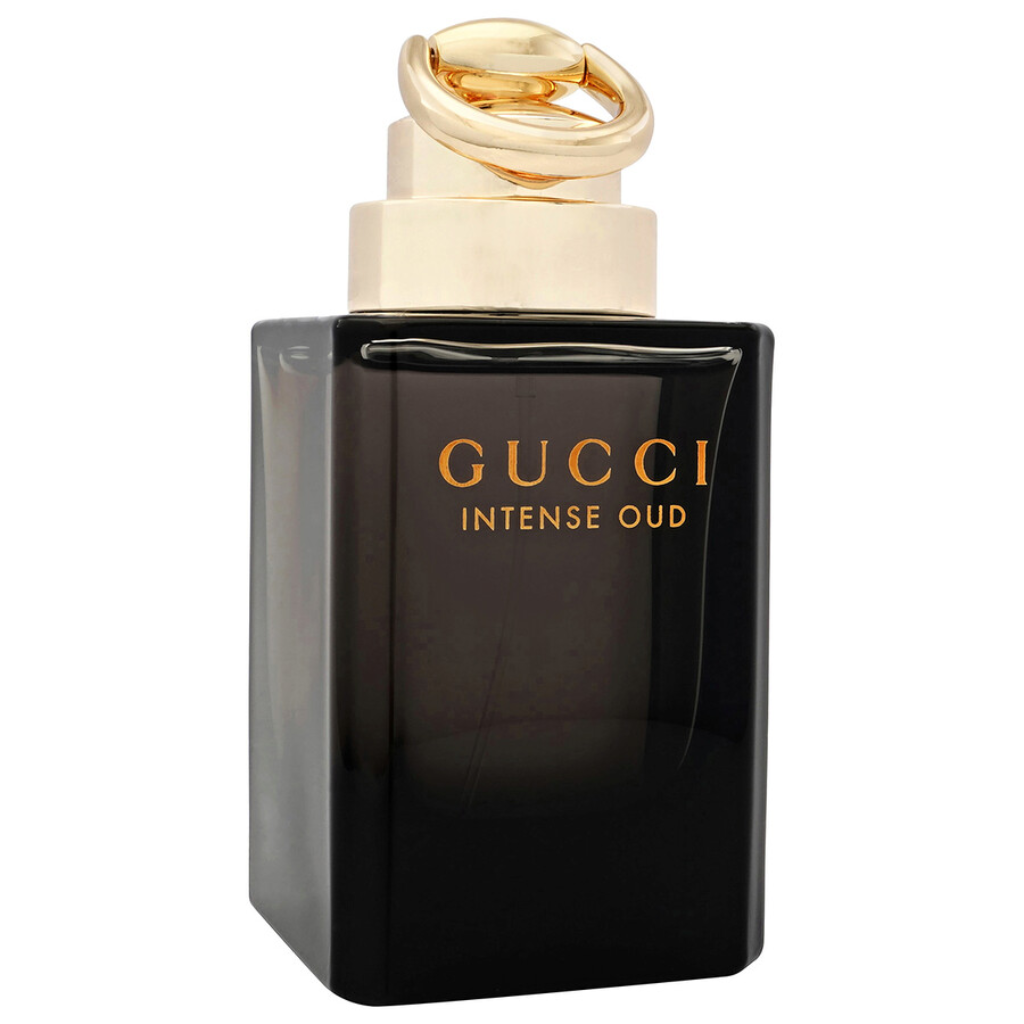 Luxury black and gold bottle of Intense Oud EDP perfume with elegant rounded golden cap and sleek design