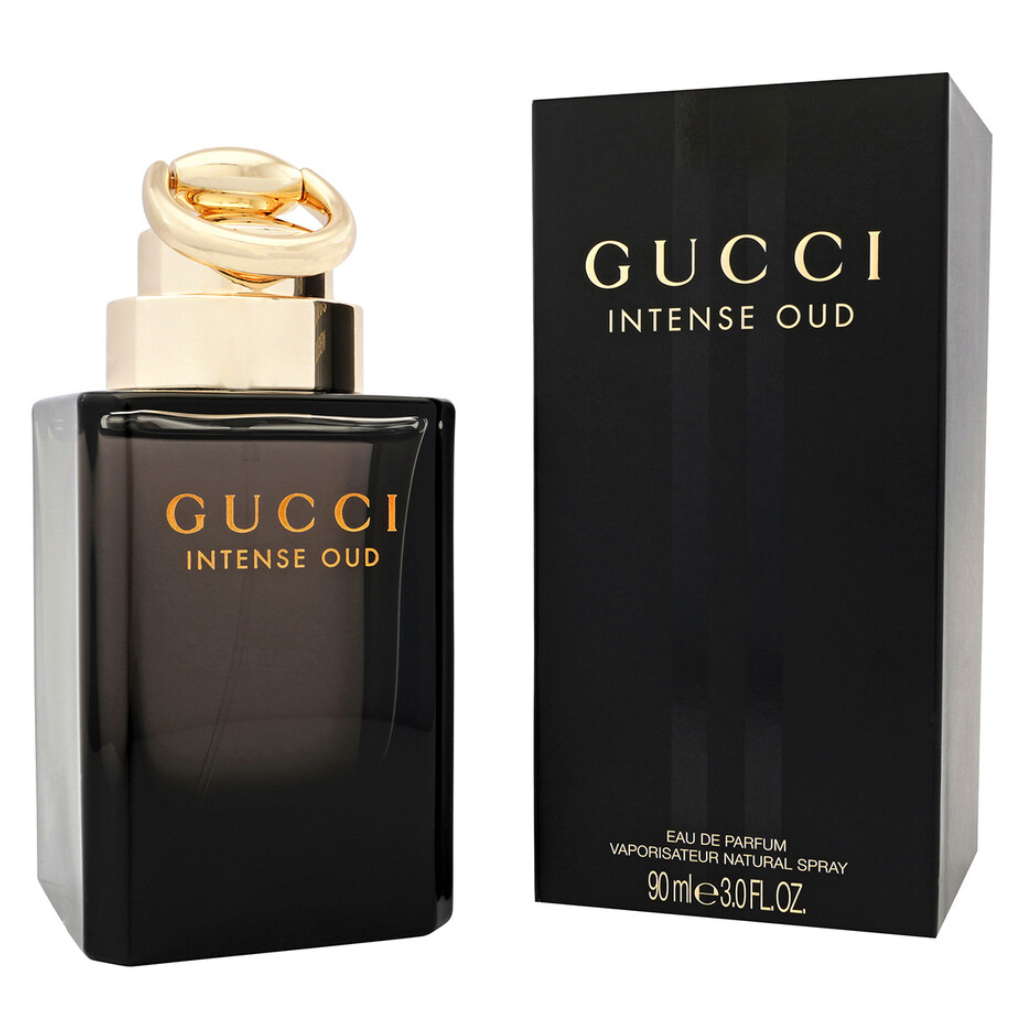 Black and gold Gucci Intense Oud EDP perfume bottle with matching box, luxury fragrance decants for men and women