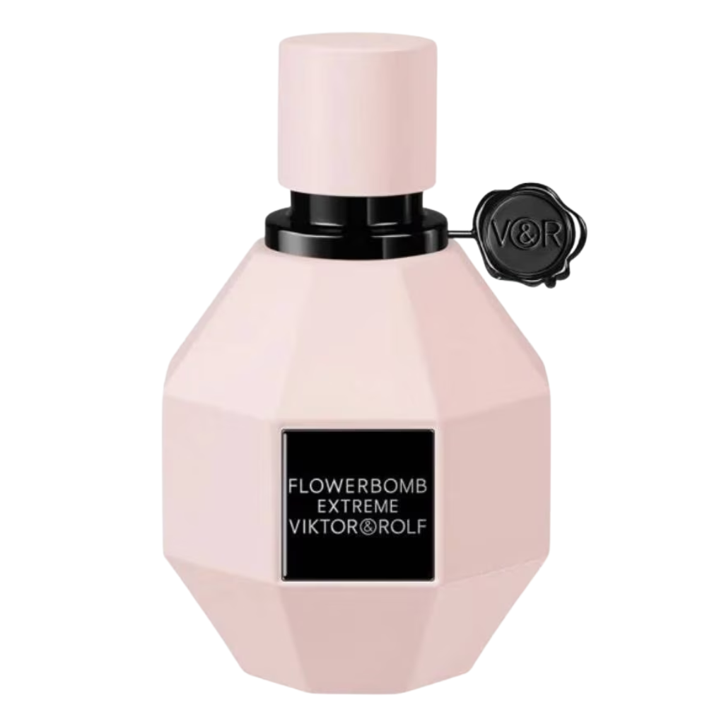 Flowerbomb Extreme EDP perfume bottle in soft pink with black label and decorative seal on white background
