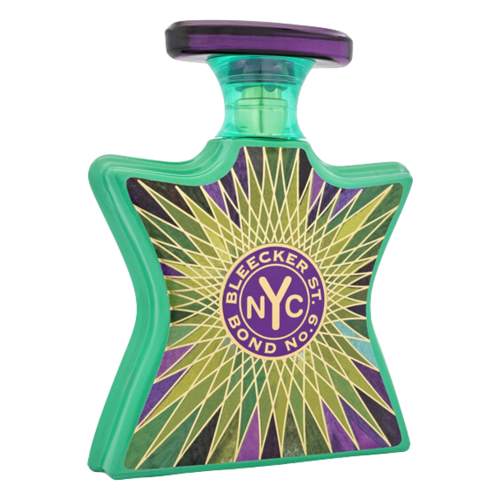 Stylish green and purple star-shaped perfume bottle of Bleecker Street by EDP with gold decorative accents and NYC emblem