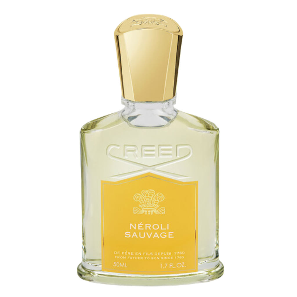 Clear glass perfume bottle with gold cap and yellow label, featuring Neroli Sauvage EDP fragrance inside