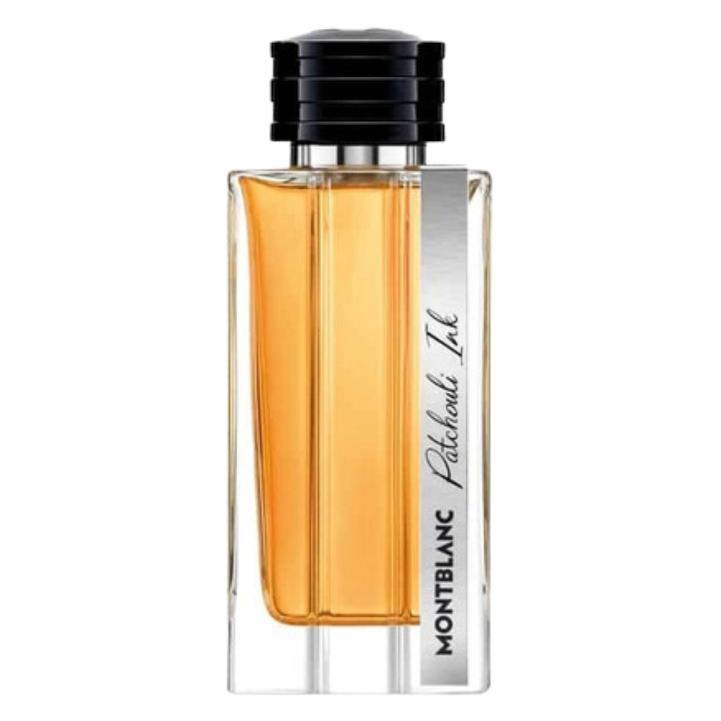 Clear glass bottle of Patchouli Ink EDP with amber liquid and black cap displaying elegant vertical label design