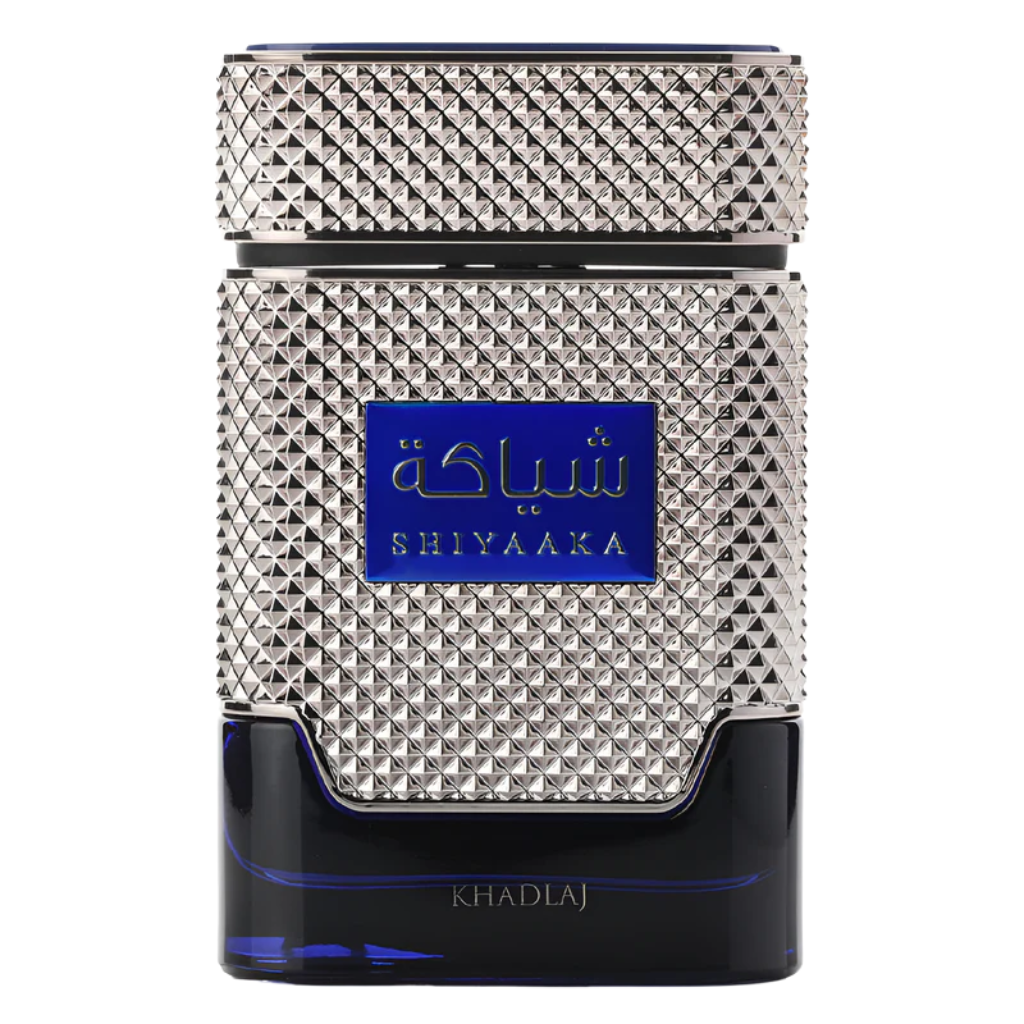 Shiyaaka Blue EDP perfume bottle with textured silver cap and deep blue base showcasing luxury fragrance design.