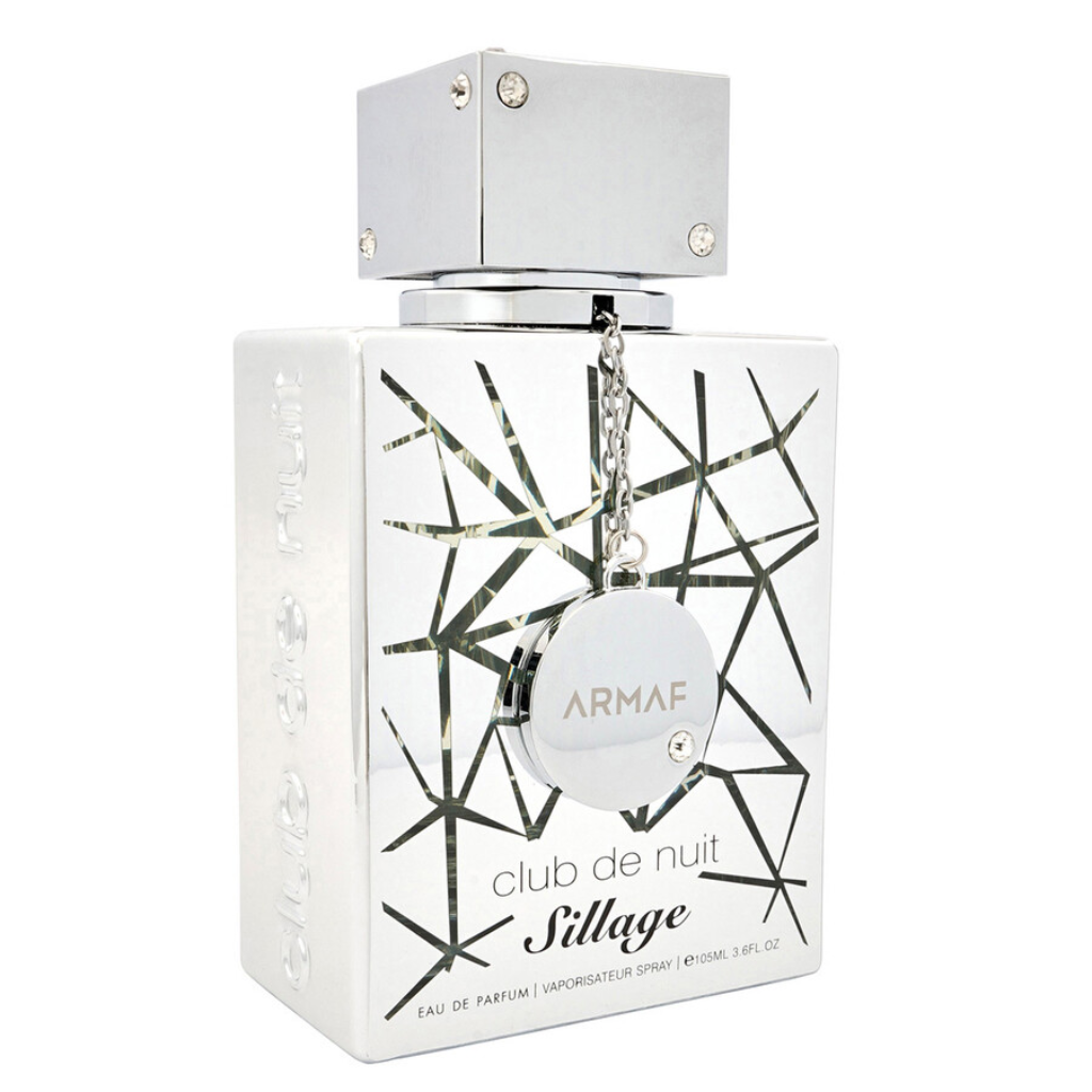 Silver geometric patterned perfume bottle of Club De Nuit Sillage 3.6 EDP with Armaf charm pendant attached