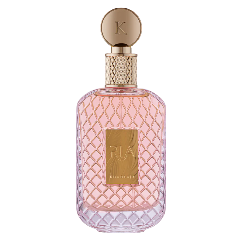 Elegant pink glass perfume bottle with gold accents labeled Ria EDP luxury fragrance decant sample