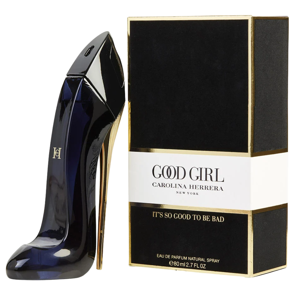 Good Girl EDP perfume bottle shaped like a black stiletto with gold heel next to black and gold packaging box