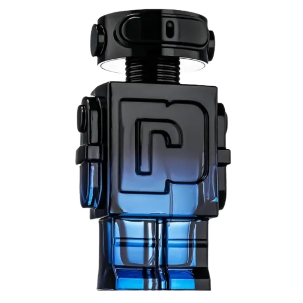 Phantom Intense EDP in a robot-shaped blue and black glass bottle with futuristic design details.
