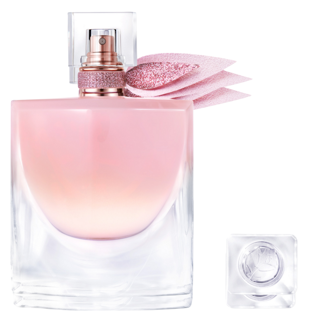 La Vie Est Belle Vanille Nude EDP perfume bottle with soft pink gradient and decorative ribbon detail for elegant fragrance display