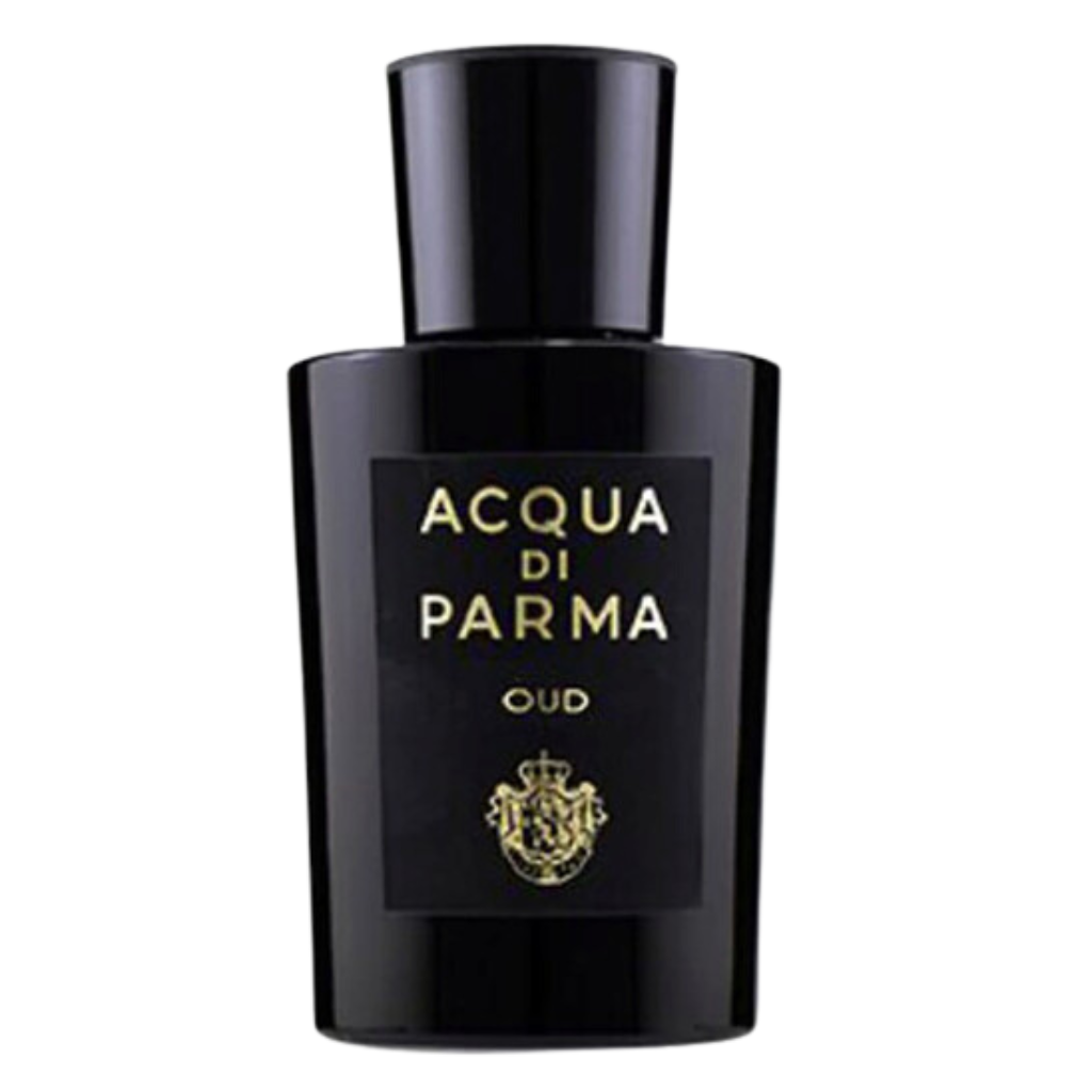 Black elegant perfume bottle with gold lettering displaying Oud EDP fragrance by Acqua di Parma