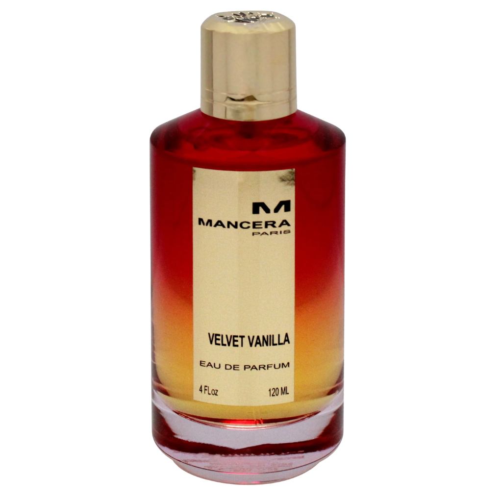 Velvet Vanilla EDP bottle with gradient red to gold design and gold cap, luxury fragrance decant display