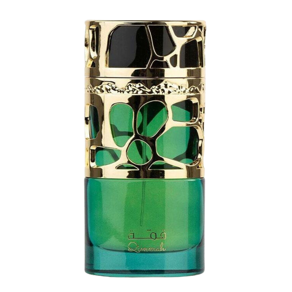 Elegant green and gold perfume bottle of Qimmah Women EDP with intricate lattice design and luxury finish.
