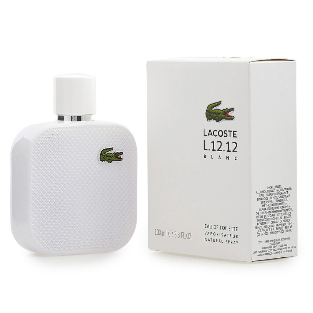 Lacoste L.12.12 Blanc EDT bottle and box featuring white textured design and crocodile logo fragrance decants sample