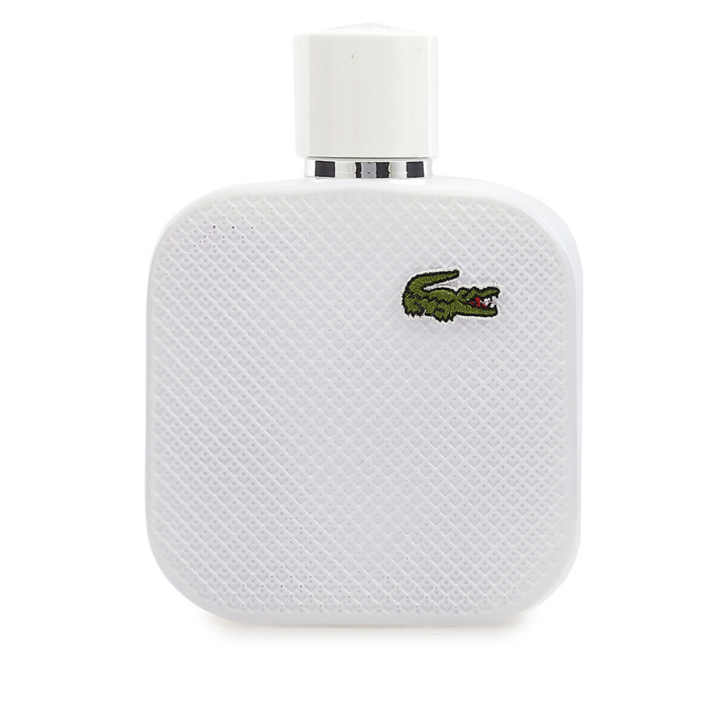 L.12.12 Blanc EDT perfume bottle with textured white design and green crocodile logo on front face